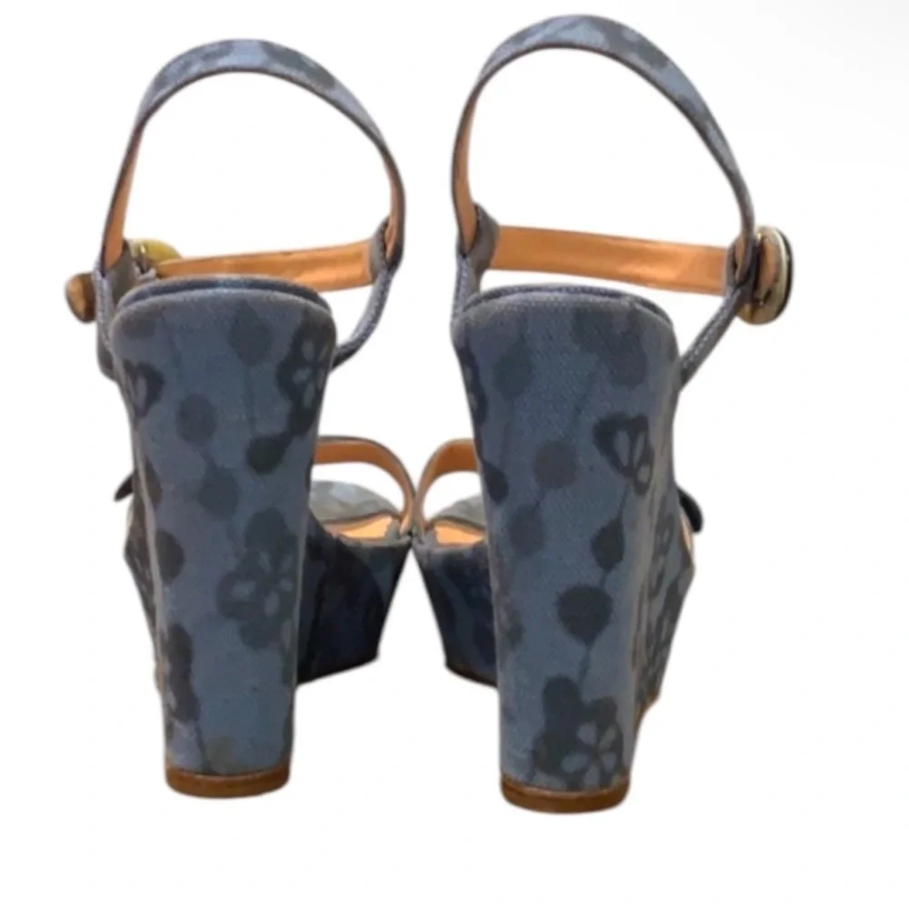 Authentic Sergio Rossi luxury designer denim blue floral canvas wedges sz 6.5